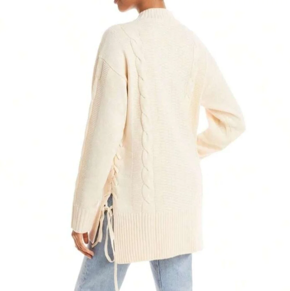 Cream Ribbed Cable Knit Lace Up Mock Neck Tunic Sweater Size Medium
